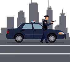Police officer aiming weapon next to patrol car in flat art vector