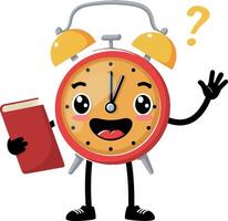 Alarm clock character with book in flat art style vector