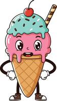 Happy ice cream cone character with colorful toppings in flat art vector