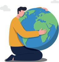 Person embracing the Earth in a flat and colorful illustration vector
