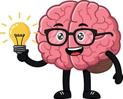 Brain character holding a light bulb in flat art style vector