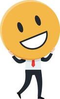 Happy character holding a large smiley face in flat art vector