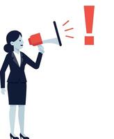 Businesswoman using a megaphone with exclamation mark in minimal art vector