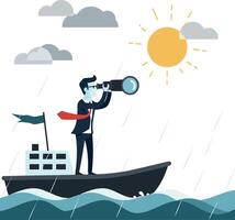Businessman in a boat using binoculars in flat art vector