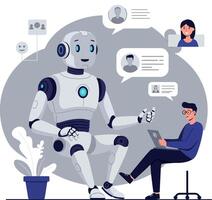 Friendly robot interacting with a person in flat art vector