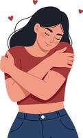 Woman embracing herself with a warm smile, wearing a red top and blue jeans in a minimal illustration vector
