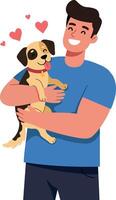 Happy man holding a small dog with hearts in a colorful flat illustration vector