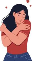 A woman embracing herself with a joyful expression in flat illustration style with hearts surrounding her vector