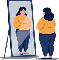 Woman admiring her reflection in a full-length mirror, flat illustration depicting self-acceptance and body positivity vector