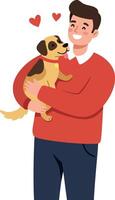 A joyful man in a red sweater holding a happy dog in a flat illustration vector