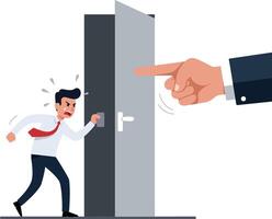 A distressed businessman being directed away from an open door in flat art vector