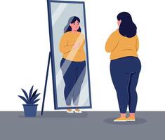 Woman in a yellow sweater gazing at her reflection in a tall mirror, minimal illustration vector
