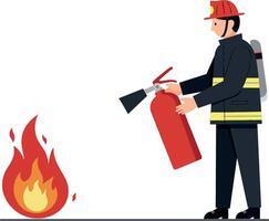 Firefighter in uniform using a fire extinguisher to combat flames in flat illustration vector