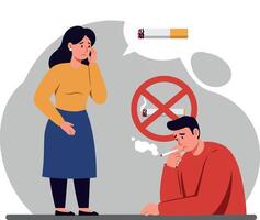 Concerned woman expressing disapproval towards a man smoking in a flat illustration vector