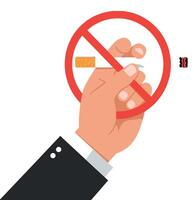 Hand holding cigarette with a prohibition symbol in flat minimal illustration vector