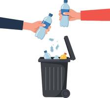 Hands discarding plastic water bottles into a black trash bin in flat art vector