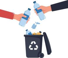 Two hands placing plastic bottles into a recycling bin in a flat illustration vector