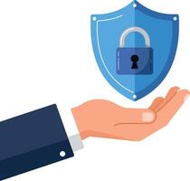 Hand holding a blue shield with a lock symbol in a flat design illustration vector