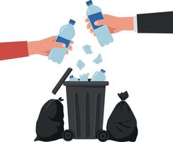 Hands dropping plastic bottles into a trash bin in a minimal illustration promoting recycling awareness vector