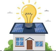 House with solar panels and a glowing light bulb symbolizing clean energy in flat art vector