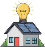 Solar-powered house with a bright light bulb on top in flat art style vector