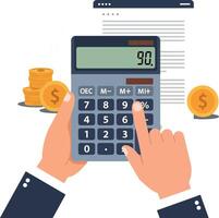 Hands operating a calculator with financial documents and coins in a minimal illustration vector
