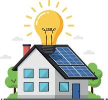 Solar-powered house with a light bulb glowing above, minimal illustration vector