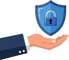 Hand holding a blue shield with a padlock symbol, minimal illustration emphasizing security and protection vector