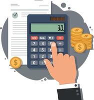 Calculator in hand calculating expenses with coins and checklist in a flat illustration vector