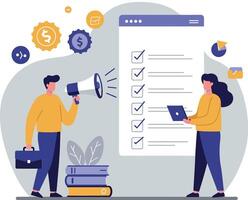 Two professionals collaborating in a flat style while discussing project tasks with charts and checklists in a modern workspace art vector