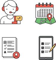 Customer service representative with headset, calendar icon, checklist document, and mobile device in flat art vector