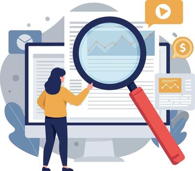 A woman analyzing data on a computer screen with a magnifying glass in flat illustration vector