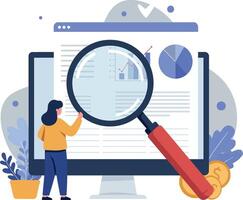 Woman analyzing data on a computer screen with a magnifying glass in flat art vector