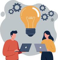Two professionals collaborating with laptops and a light bulb in a flat illustration vector