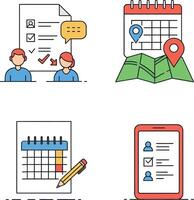 Two people discussing plans with a checklist, calendar, and map in flat art vector