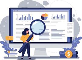 A woman analyzing data on a large screen with a magnifying glass in a flat illustration vector