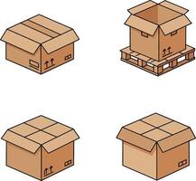 Four detailed cardboard boxes in flat design showcasing various perspectives and configurations for art vector