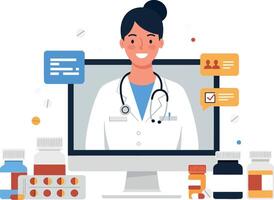 Doctor in a white coat smiling at a computer screen with digital health tools in flat art vector