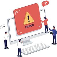 Computer screen displaying an error message with people discussing and analyzing in a flat illustration vector