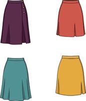 Colorful collection of stylish skirts in flat design showcasing various lengths and styles illustration vector
