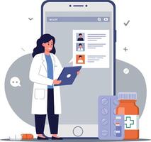 Doctor in white coat using tablet while standing next to large smartphone and medicine bottles in flat art vector