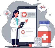Doctor holding a tablet next to a smartphone with health data in a minimal illustration vector