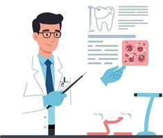 Dentist in white coat analyzing dental chart with microscope and bacteria illustration vector