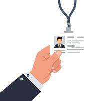 Hand holding identification card under a clip with a professional theme in flat art vector
