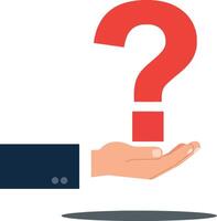 Hand holding a large red question mark in a minimal flat design illustration vector