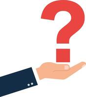 A hand holding a large red question mark in a minimal flat design art vector