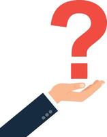 Hand holding a large red question mark in a minimal style illustration vector
