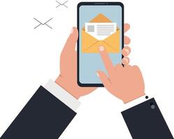 Hands holding smartphone displaying an email notification in flat illustration vector