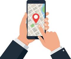 Hands holding smartphone displaying a map with a location pin vector