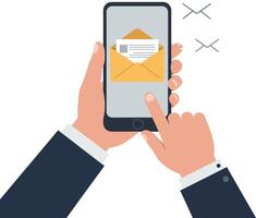 Hands holding a smartphone displaying an email envelope in flat art style vector